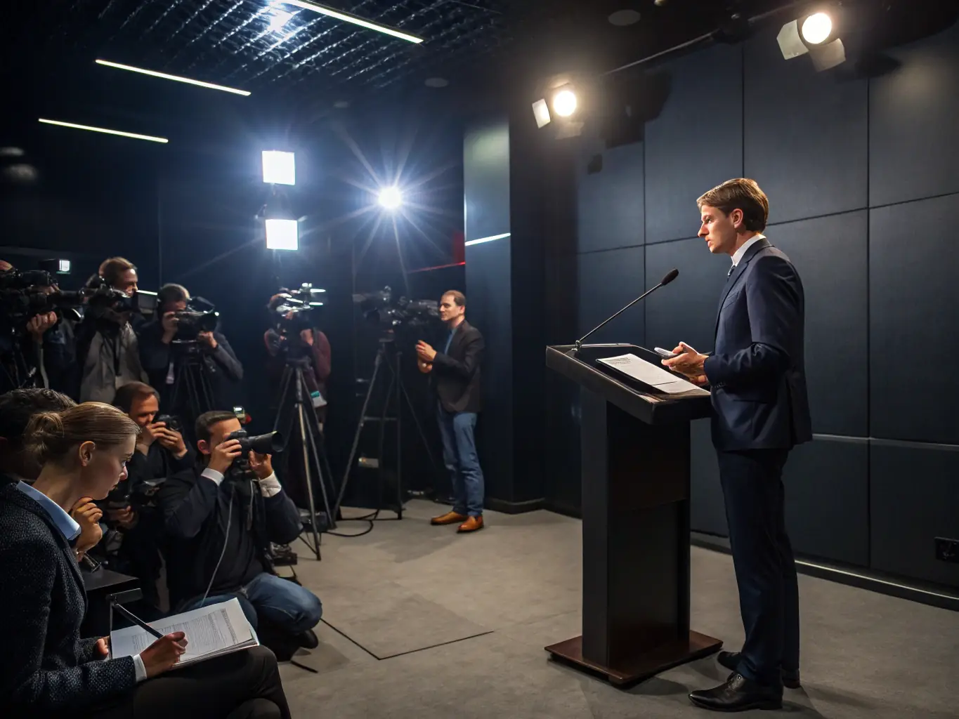A press conference with journalists and a spokesperson delivering a message, illustrating Vertex Influence's public relations services.