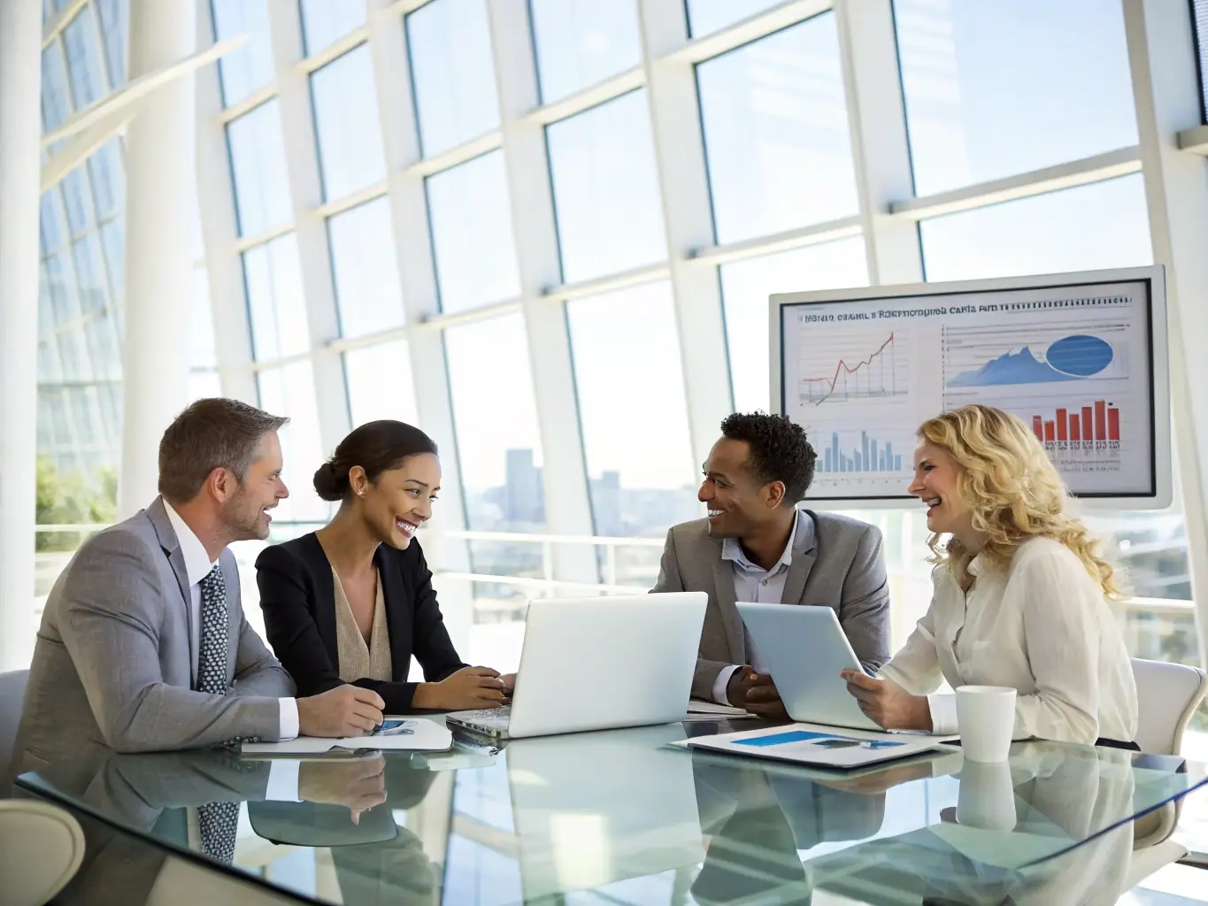 An image of a team of consultants collaborating over strategic plans and data charts, symbolizing Vertex Influence's strategy consulting services.