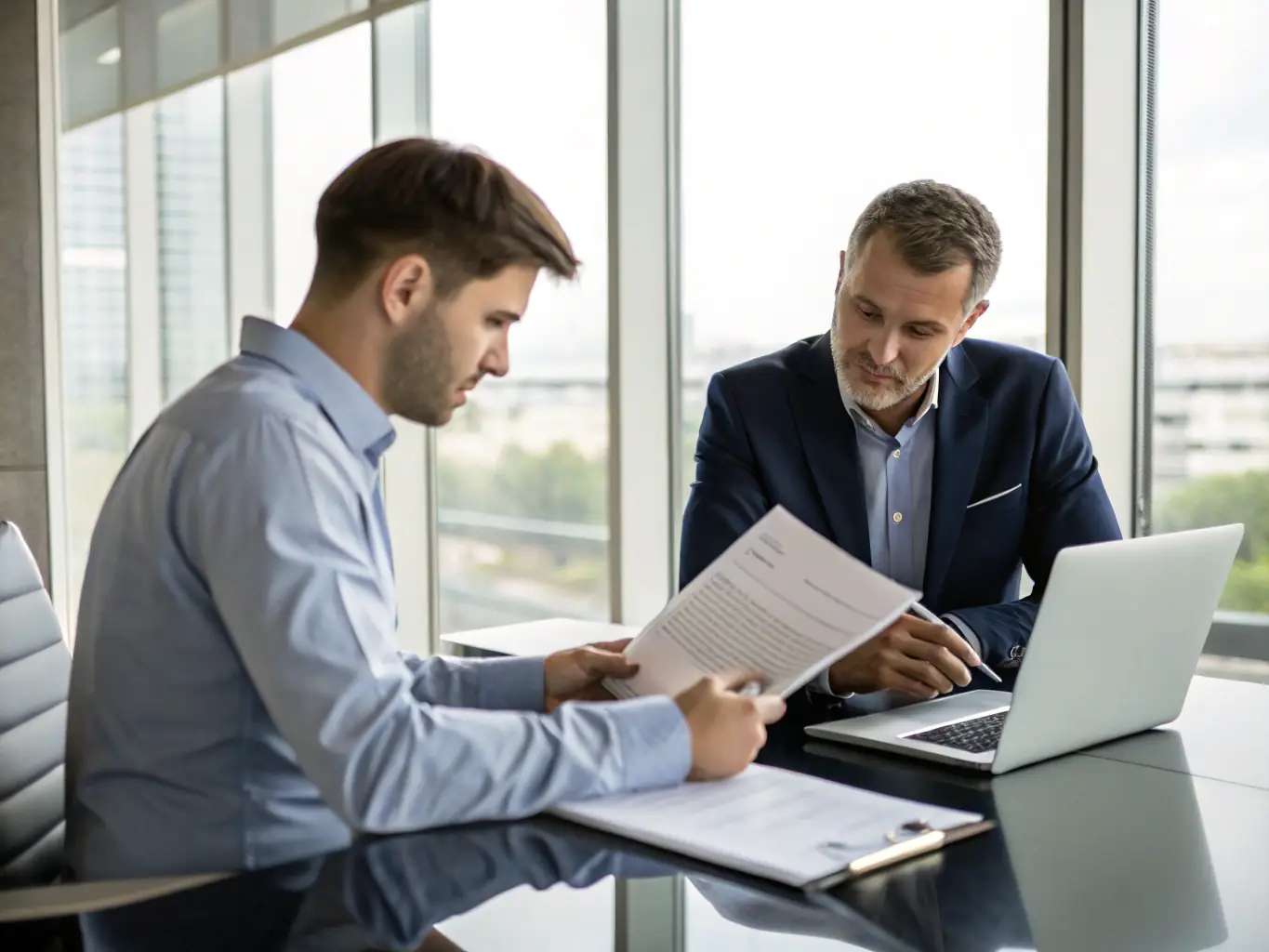 A consultant in a suit is advising a CEO in a modern office, discussing strategic communication plans.