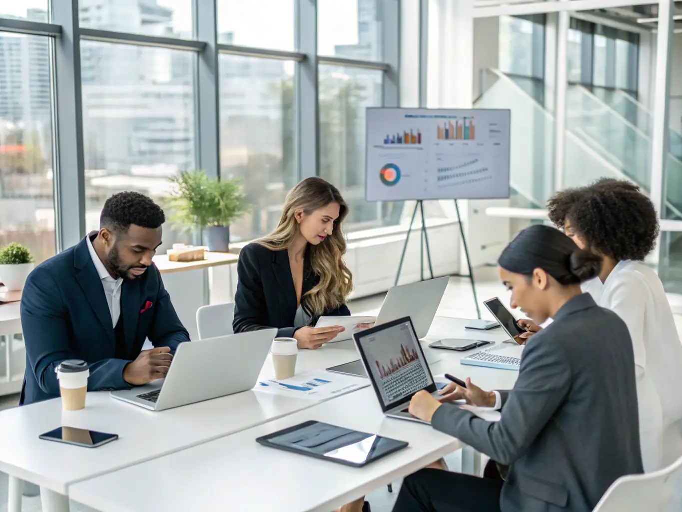 A public relations team working on a media campaign, crafting compelling stories and managing media relations in a bustling office environment.